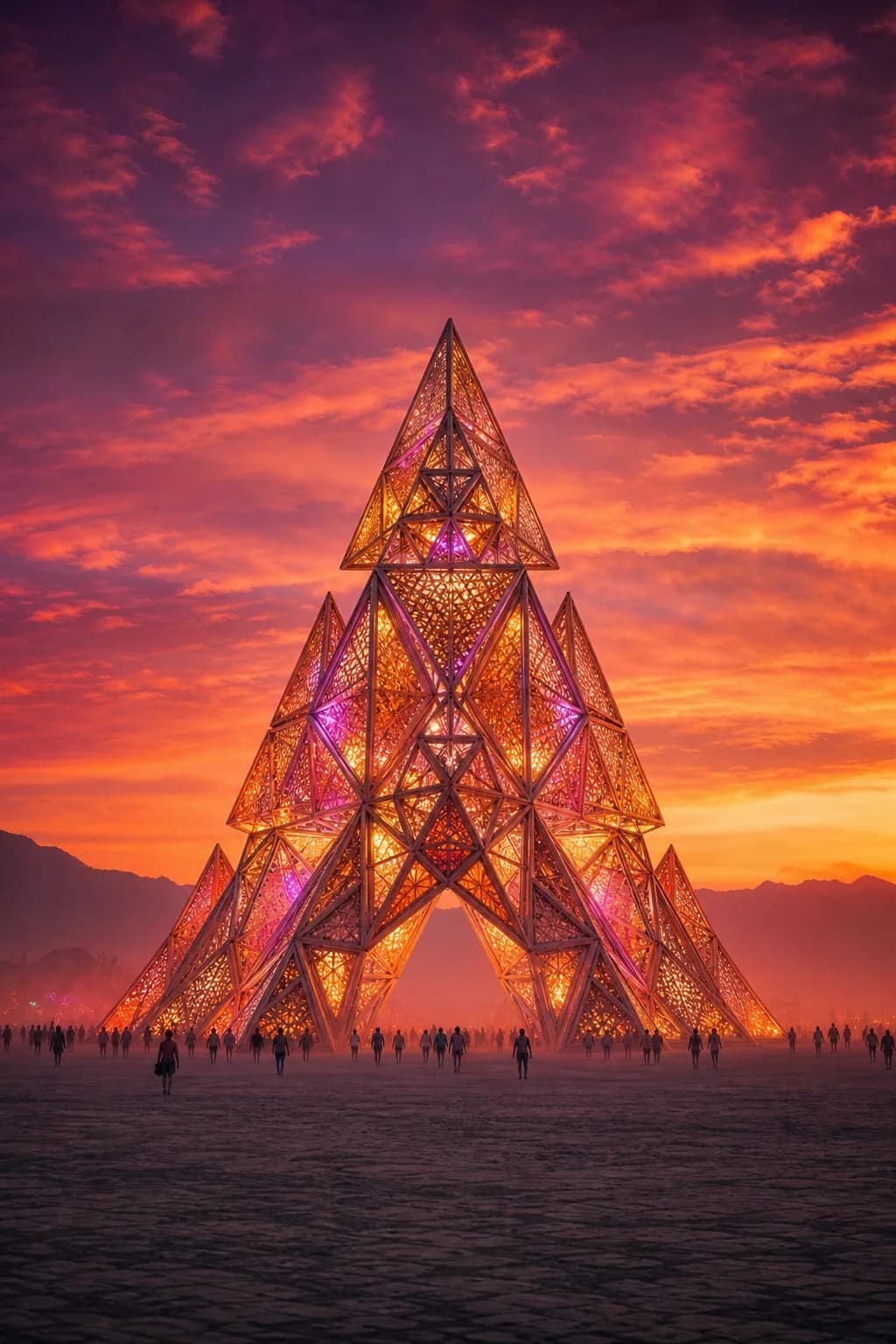 A giant illuminated geometric installation glowing on the desert floor at blue hour