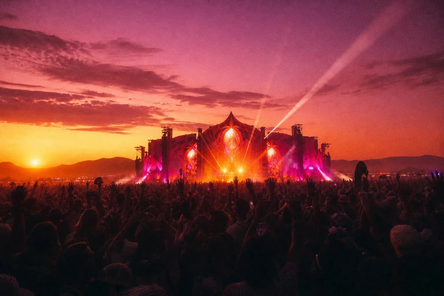A vast festival crowd in silhouette facing a glowing orange and magenta stage at desert sunset, light beams cutting through the haze